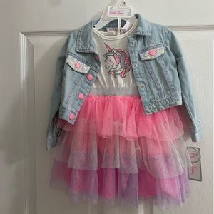 NEW Little Lass Tutu Sparkle Unicorn Dress & Jean Jacket Size 24mo